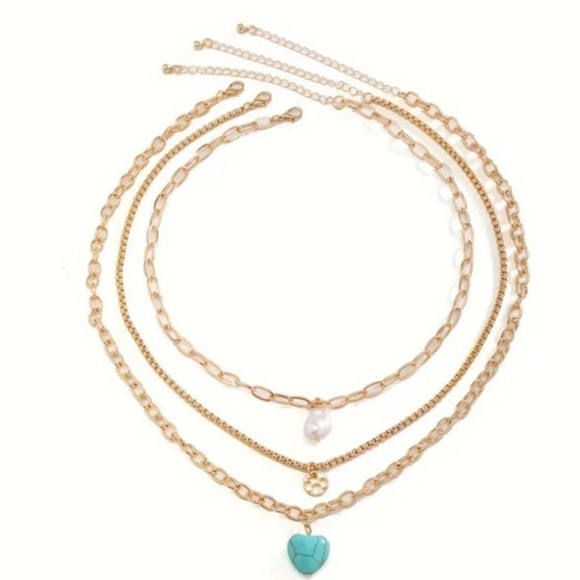 Layered 3 Piece Gold Tone Turquoise and Pearl Charm Pendant with Chains NEW - Picture 5 of 5